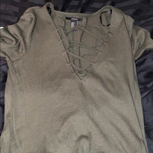 Lace up army green short sleeve shirt